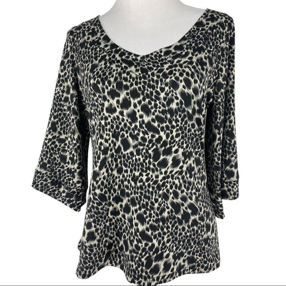 Zoe D Womens Black White Leopard Print V-Neck 3/4 Bell Sleeve Blouse Size M